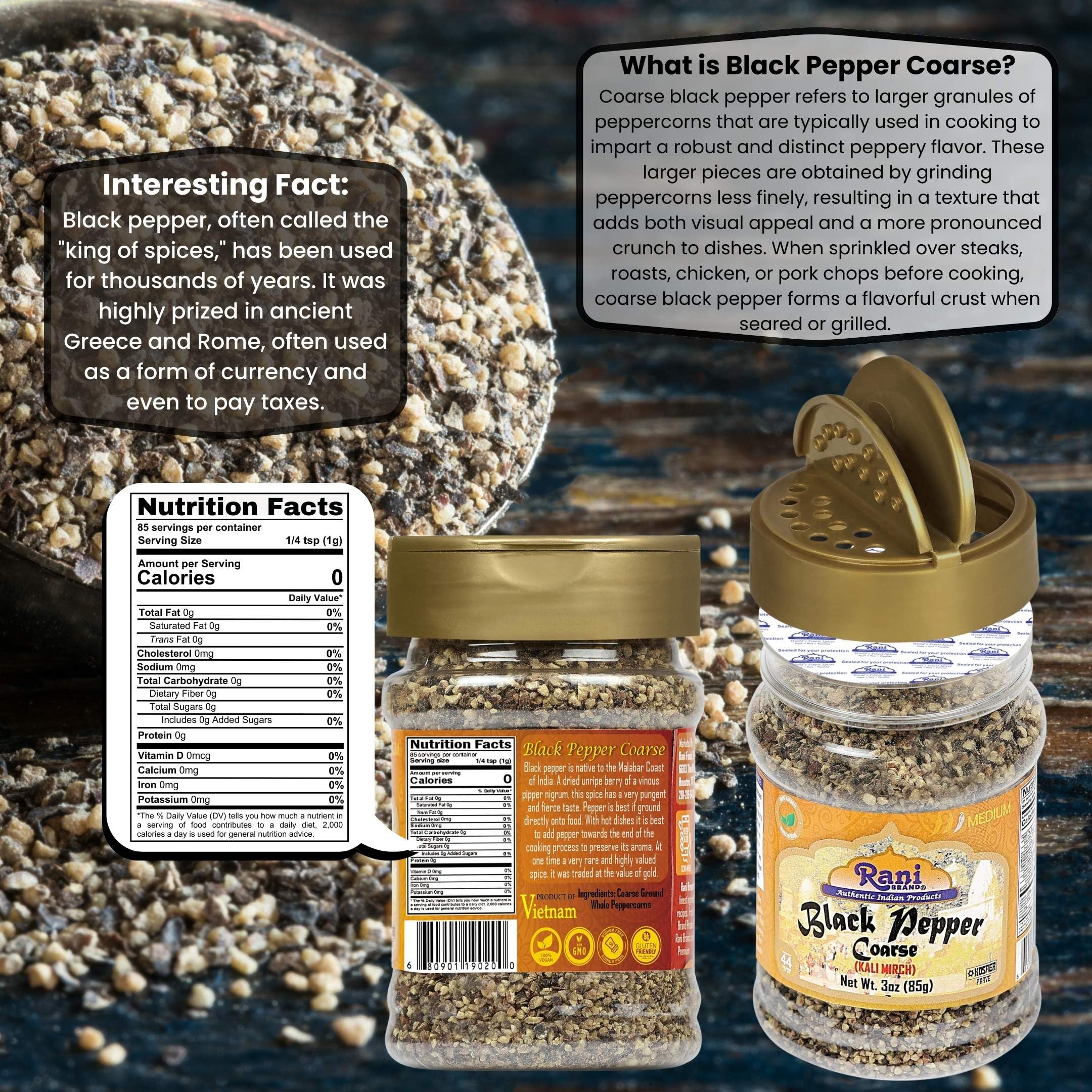 Premium Coarse Ground Black Pepper 28 Mesh (Table Grind) 3oz (85g) - All Natural, Vegan, Gluten-Free, Non-GMO, Kosher - Product of Vietnam - Perfect for Steaks, Salads & Home Cooking