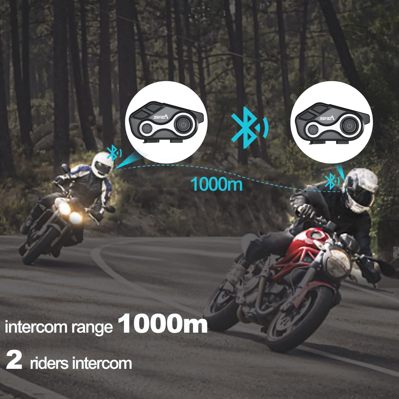 SCSYIGA Motorcycle Bluetooth Helmet Intercom S-8X - 1000M Range, Noise Cancelling, Waterproof Communication System for 2 Riders with FM Radio - Perfect for Motorcycle Riding, Skiing & Outdoor Adventures