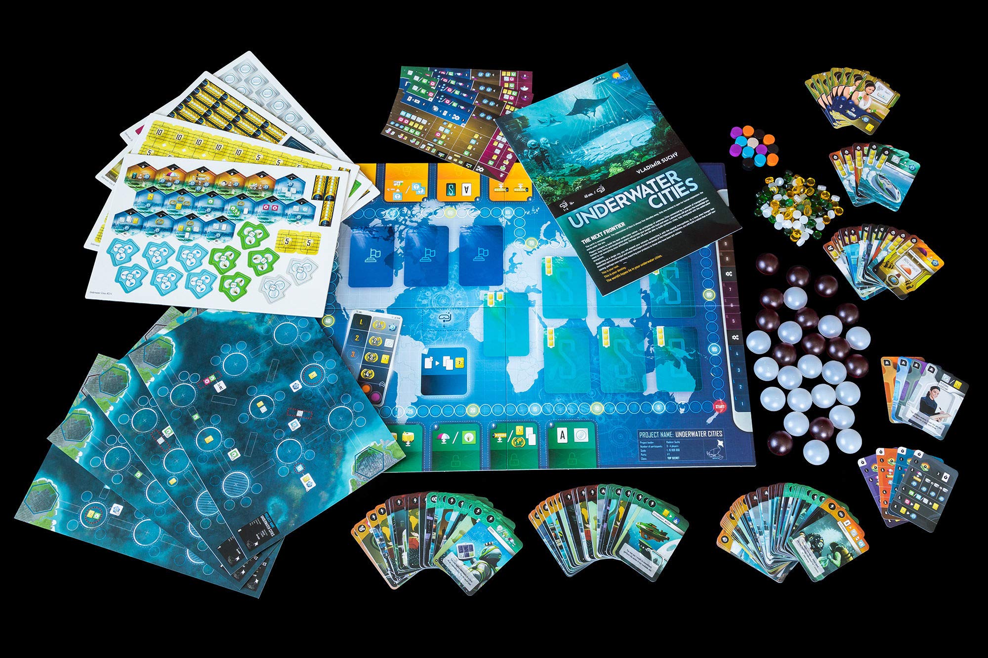 Underwater Cities Board Game Bundle: Base Game + New Discoveries Expansion + Two Starship Buttons | Perfect for Family Game Nights & Strategy Enthusiasts