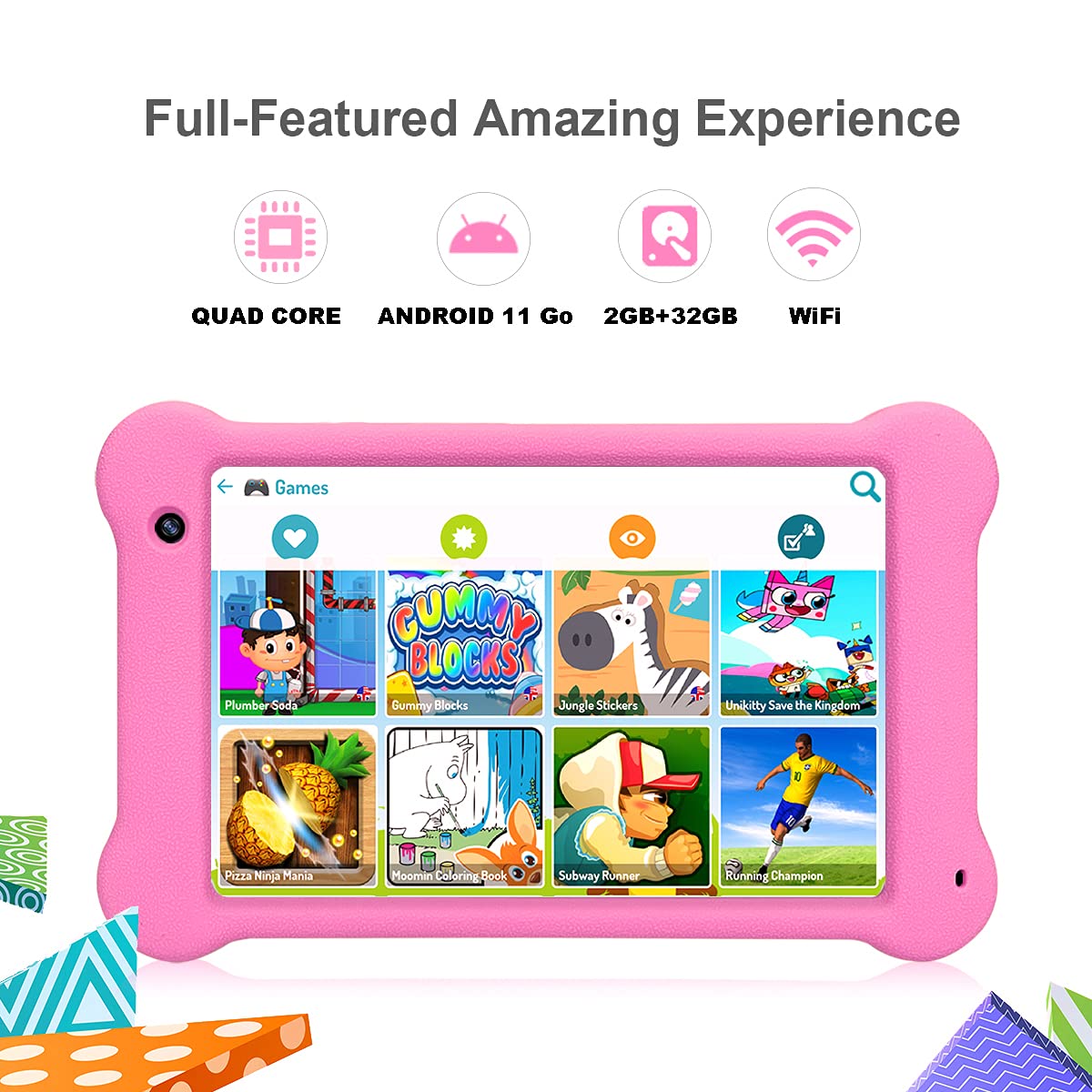 7 Inch Kids Tablet with WiFi & Android 11 - Full HD 1920x1200 IPS Screen, 2GB RAM 32GB Storage - Preloaded with Kidoz Educational Games & Apps (Pink) - Perfect for Learning, Entertainment & Travel