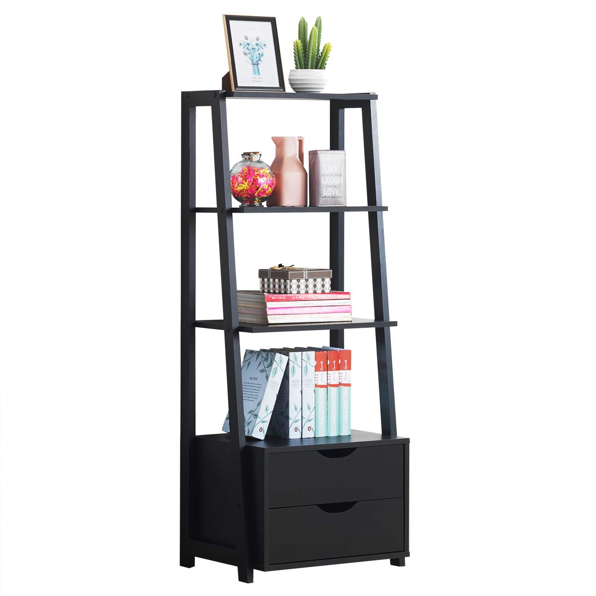 Tangkula 4-Tier Ladder Shelf Bookcase with 2 Storage Drawers - Modern Freestanding Bookshelf for Home Office, Bathroom & Living Room - Space-Saving Storage Solution (Black)