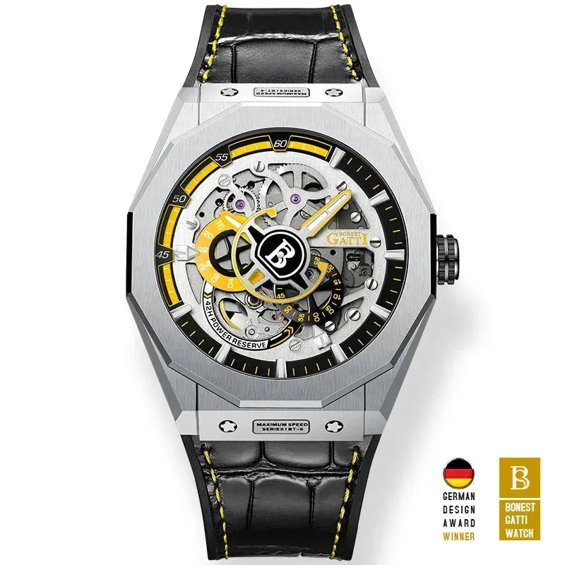 BONEST GATTI Men's Automatic Luxury Mechanical Watch with Hollow Out Dial, 50M Waterproof, Luminous Hands, Sapphire Glass & Leather Strap - Perfect for Business, Formal Events & Everyday Wear