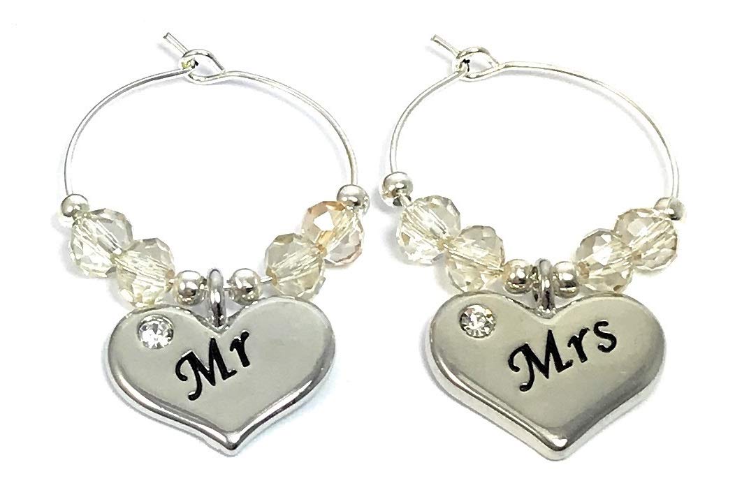 Libby's Market Place Mr and Mrs Glass Charms - Elegant Wedding Cake Toppers for Anniversary, Bridal Shower & Romantic Couple Gifts