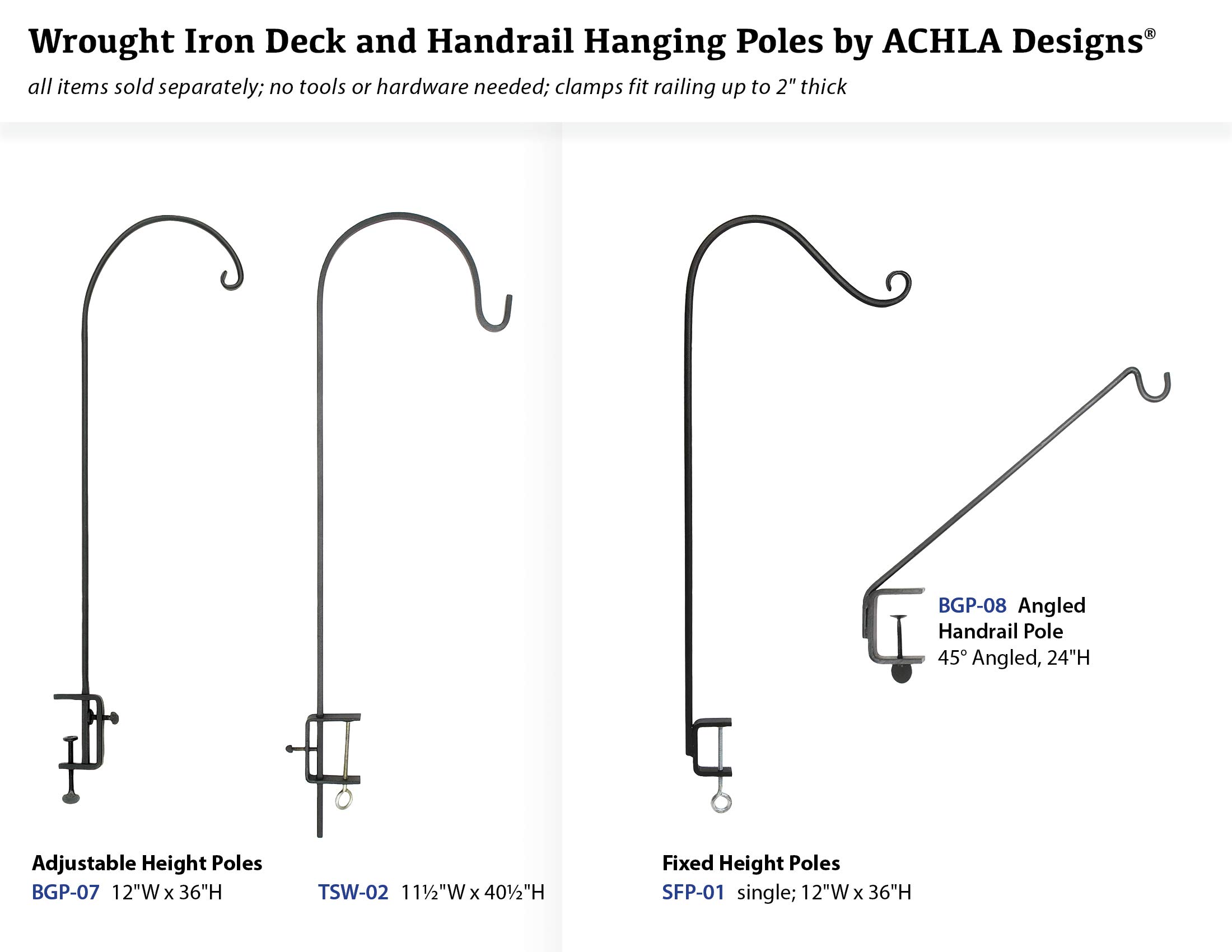 Achla Designs TSW-02 Adjustable Black Deck Rail Shepherd's Pole - Perfect for Outdoor Gardens, Patios, and Balcony Railings
