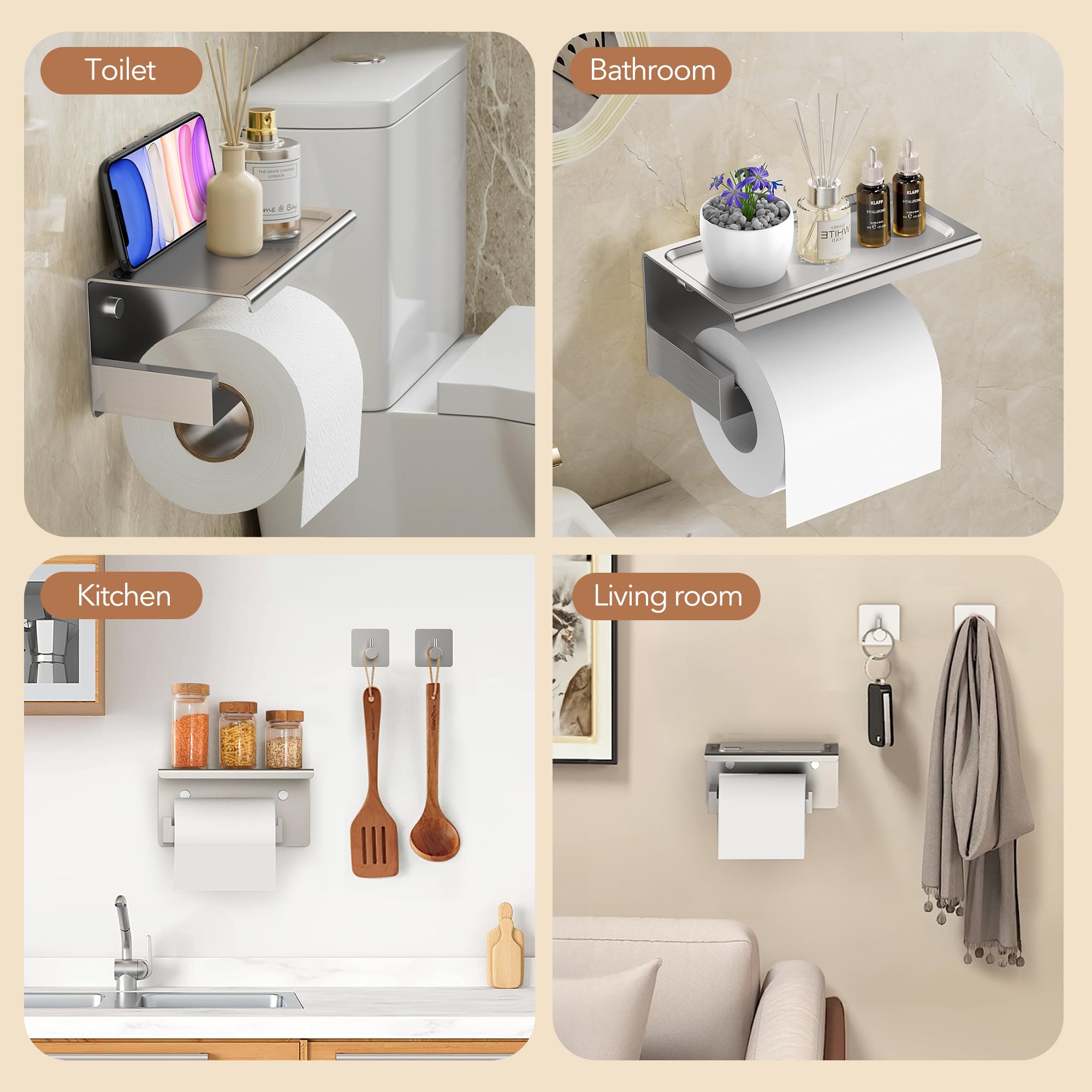 AIKER SUS304 No Drill Toilet Paper Holder - Stainless Steel Wall Mounted Bathroom Tissue Roll Holder with 19.5
