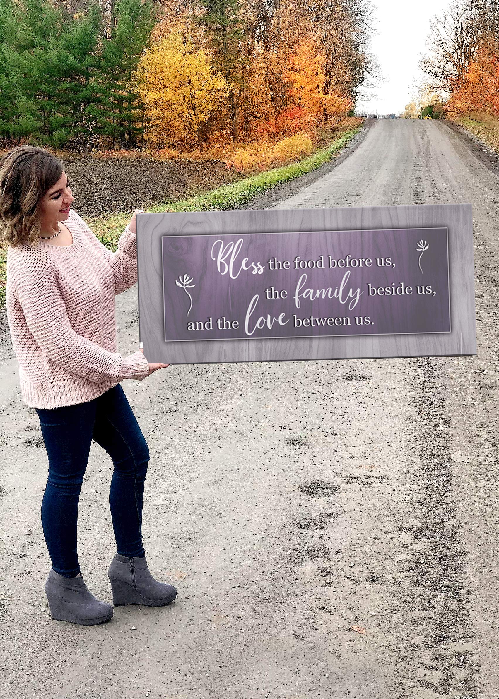 Bless the Food Before Us Framed Wall Art - Purple Kitchen & Dining Room Decor Sign (42x19 Inches) for Farmhouse, Rustic & Christian Home Decor
