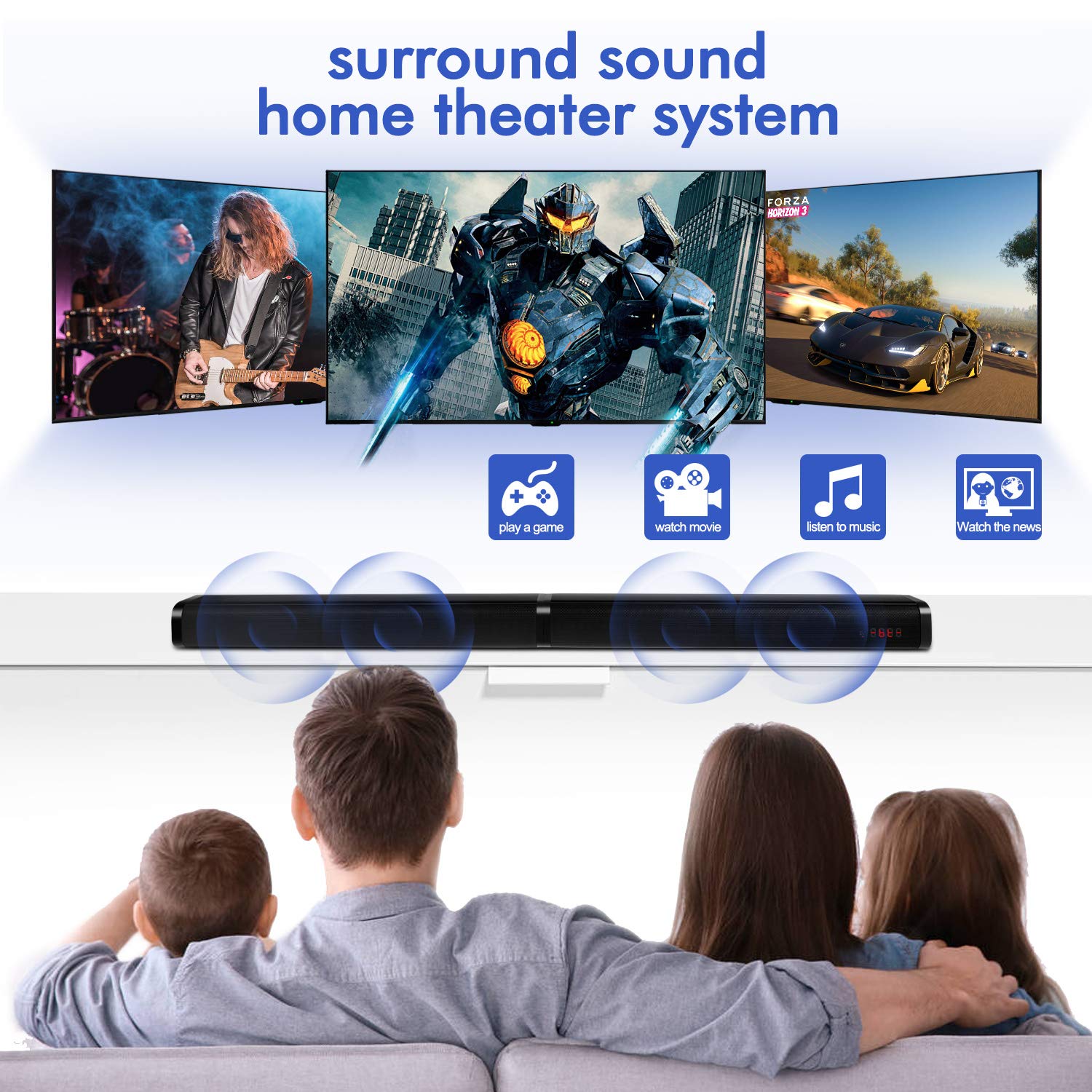 Premium Bluetooth Soundbar for TV with Surround Sound - 4 Driver Home Theater Speaker System, Wireless TV/PC/Phone/Tablet Connectivity, Remote Control & Wall Mountable - Perfect for Movie Nights & Gaming Setup