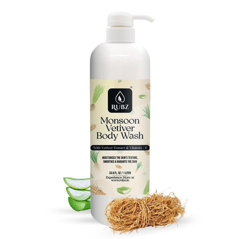 Rubz Monsoon Vetiver Body Wash - Glycerin Enriched, Long-Lasting Fragrance, Soap-Free for Women & Men | Paraben & SLS Free | 1 Litre | Hydrating & Refreshing for Daily Shower & Spa-Like Experience