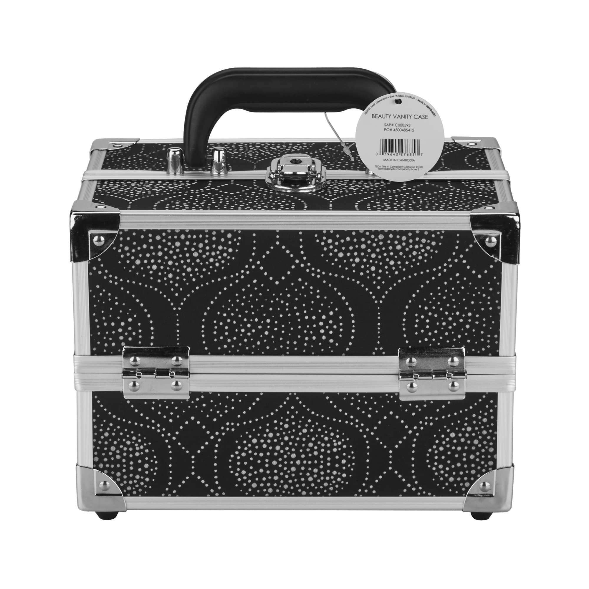Conair Makeup Beauty Case - Black Print Cosmetic Organizer with Expandable Shelves & Locking Latch | Travel-Friendly Makeup Storage for London SOHO & New York Style | Perfect for Home, Travel & Professional Makeup Artists