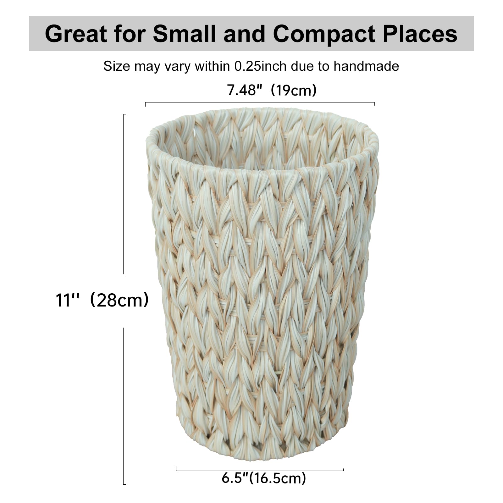 Wicker Trash Can 2 Gallon - Boho Decorative Waste Basket for Bathroom, Bedroom & Office - Cream White Small Garbage Bin - Perfect for Home, Dorm & Vanity Organization