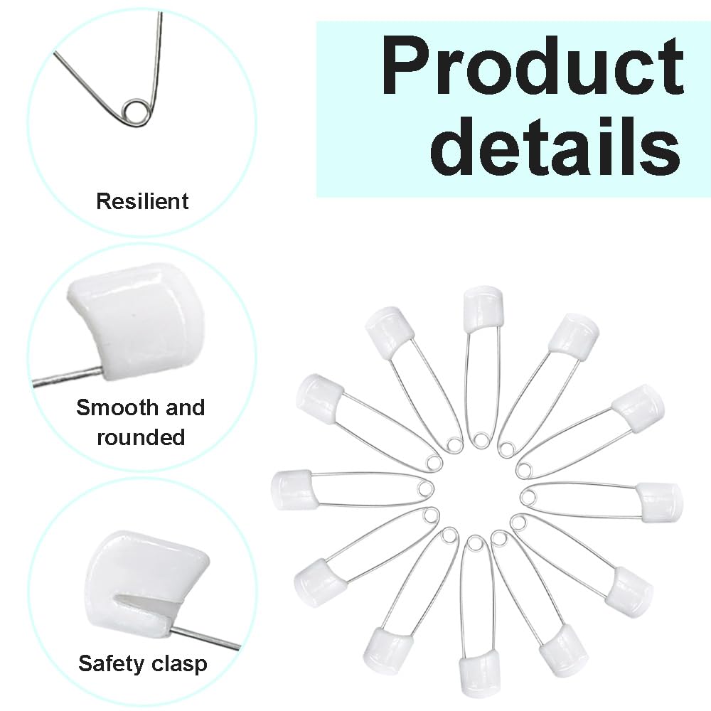 50 Pcs Baby Diaper Safety Pins with Lock - White for Cloth Diapers & Laundry