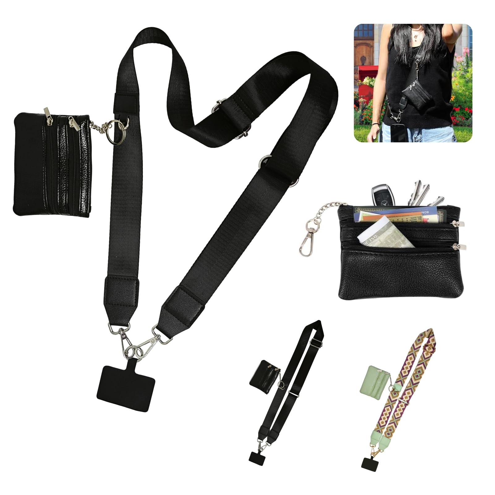 Adjustable Phone Strap with Zippered Pouch & Leather Wallet - Crossbody Lanyard for All Smartphones (Black) - Perfect for Hands-Free Shopping, Travel & Daily Commute