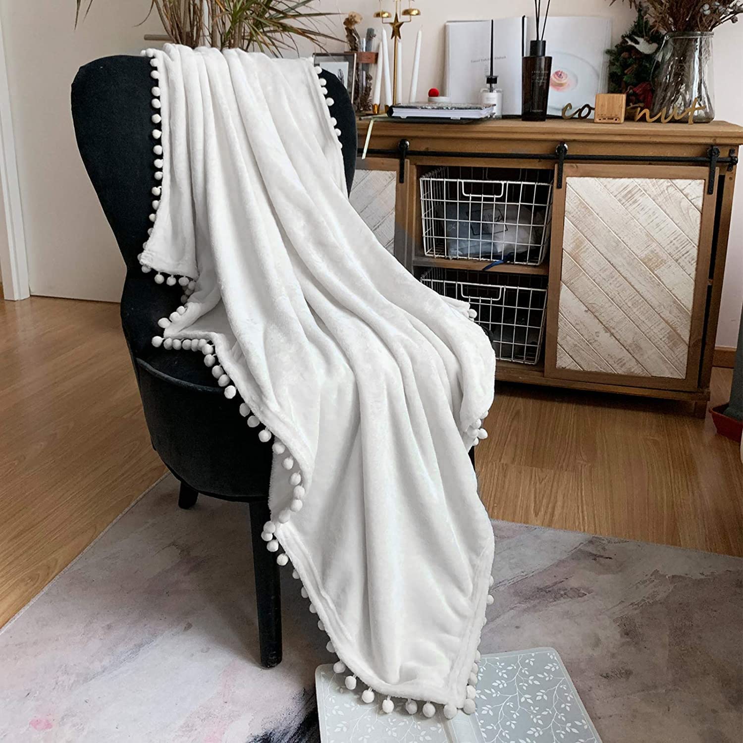 LOMAO Soft Flannel Blanket with Pompom Fringe - Lightweight Cozy Throw Blanket for Bed, Couch & Sofa - All Season Warm Fleece Blanket (White, 51x63 inches) - Perfect for Lounging, Netflix Nights & Guest Rooms