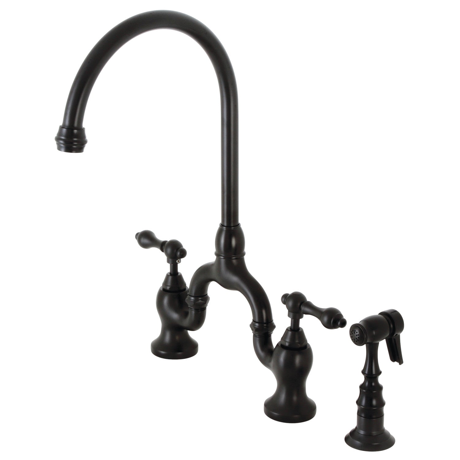 Arcticstone 33 Inch White Stone Double Bowl Farmhouse Kitchen Sink with Deck Mount Bridge Faucet, Side Sprayer & Basket Strainer - Matte Black Finish for Modern Farmhouse & Rustic Kitchen Decor