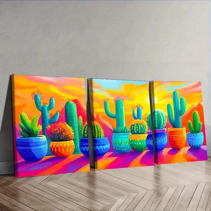 3-Piece Cactus in Colorful Flower Pots Wall Art Set - Framed Canvas 40x60cm - High Quality Print - 100% Australian Made - Ready to Hang - Perfect for Living Room, Bedroom & Office Decor