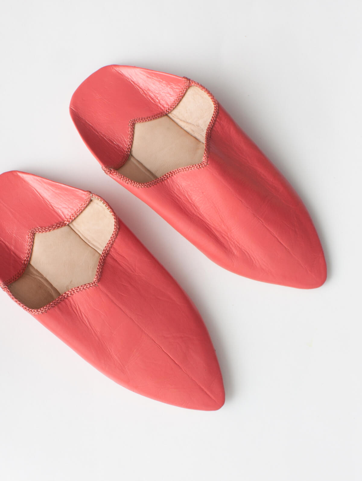 Moroccan Plain Pointed Babouche Slippers in Coral | Comfortable Leather House Shoes for Women & Men | Perfect for Home, Lounge & Cultural Events