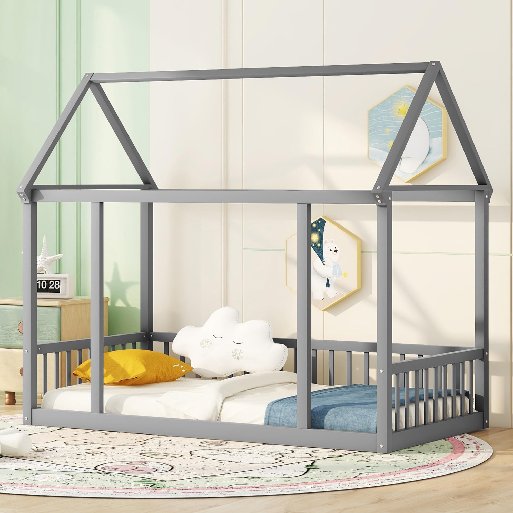 Bellemave Twin Size Wooden House Floor Bed for Kids - Montessori Style Bed Frame with Safety Fence, Playhouse Design in Gray - Perfect for Toddlers' Bedroom, Playroom or Montessori Classroom