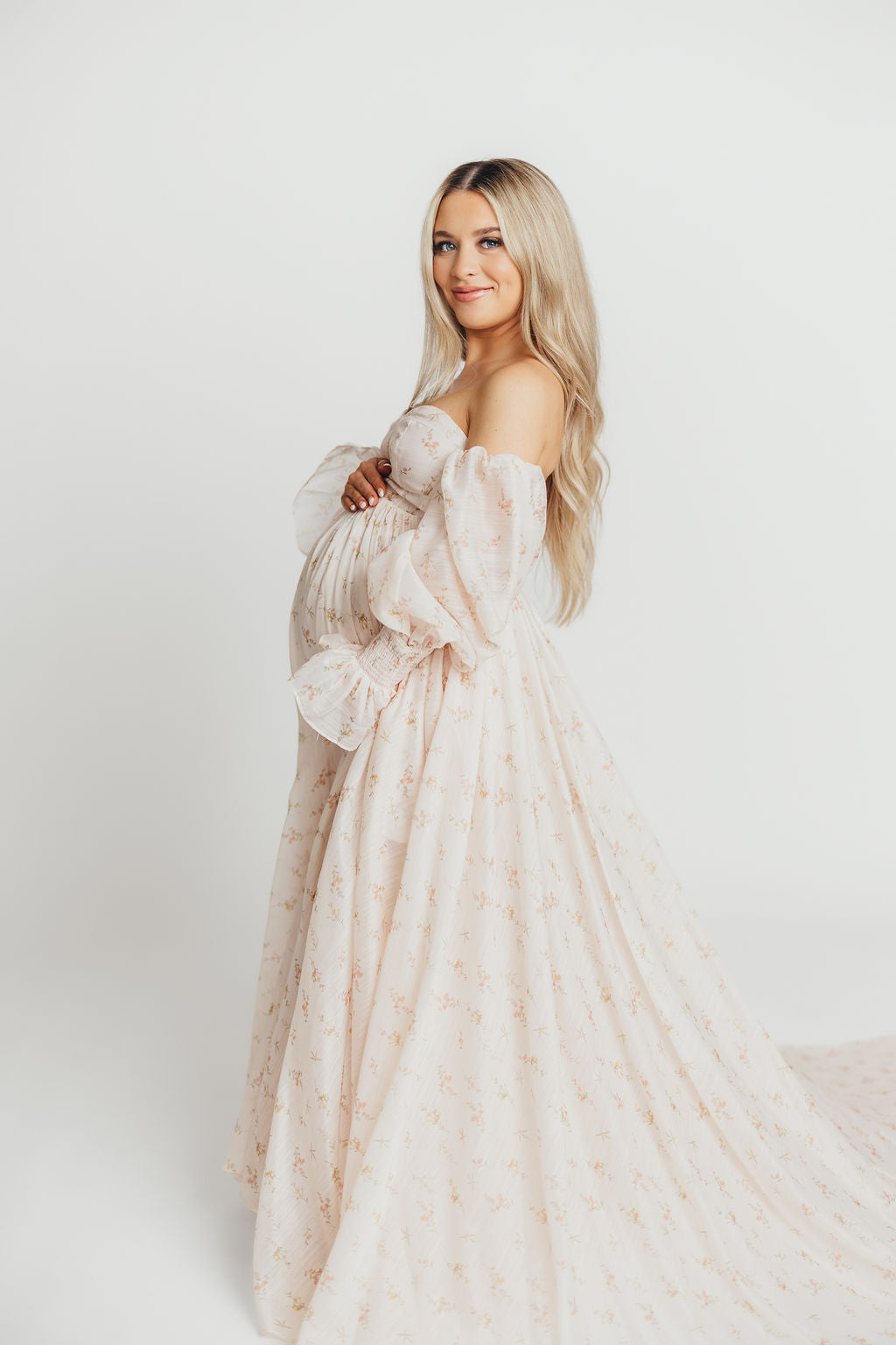Delilah Maxi Dress with Train in Peach - Bump Friendly Maternity Dress (XS-3XL) for Weddings, Parties & Special Occasions
