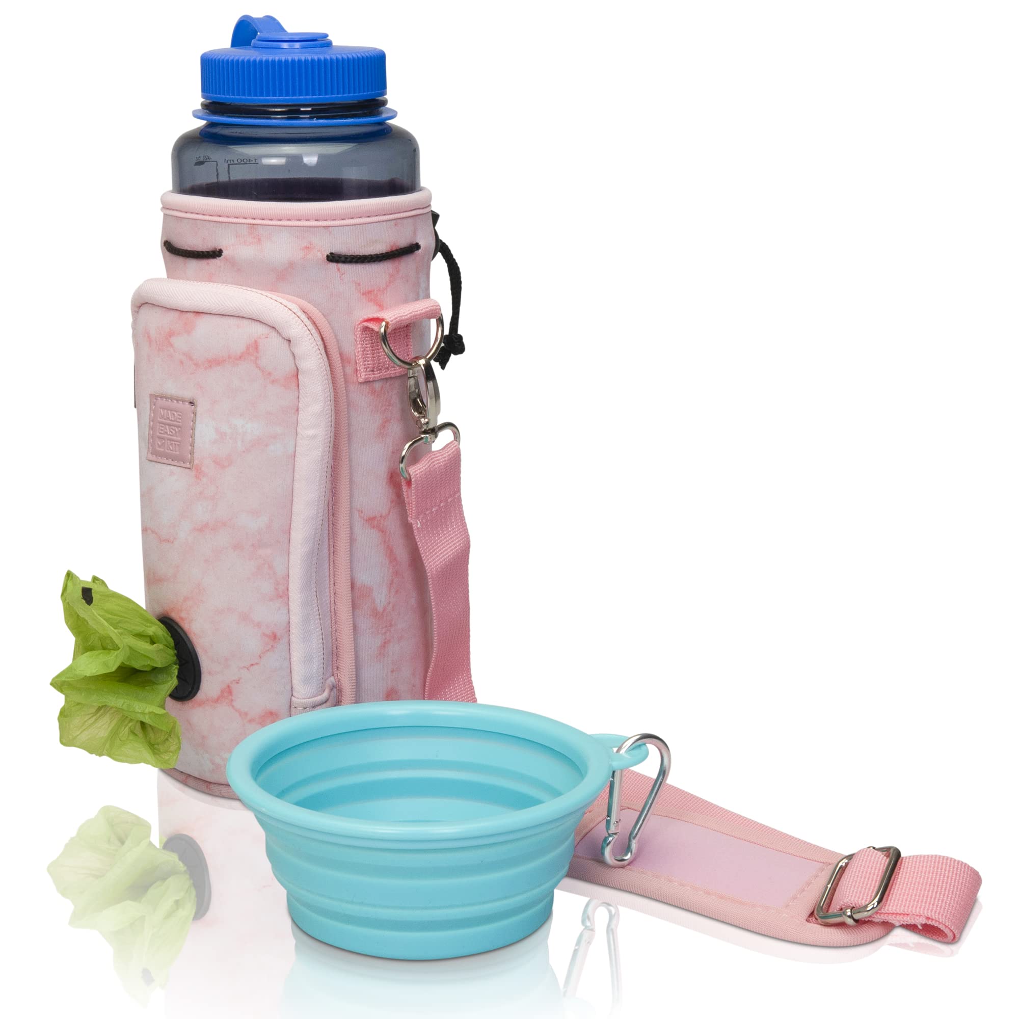 **Adjustable Padded Shoulder Strap Water Bottle Carrier with Pocket for Dog Waste Bags - 40oz Tall & Large with Bowl (Pink Marble) - Perfect for Hiking, Running & Outdoor Adventures**