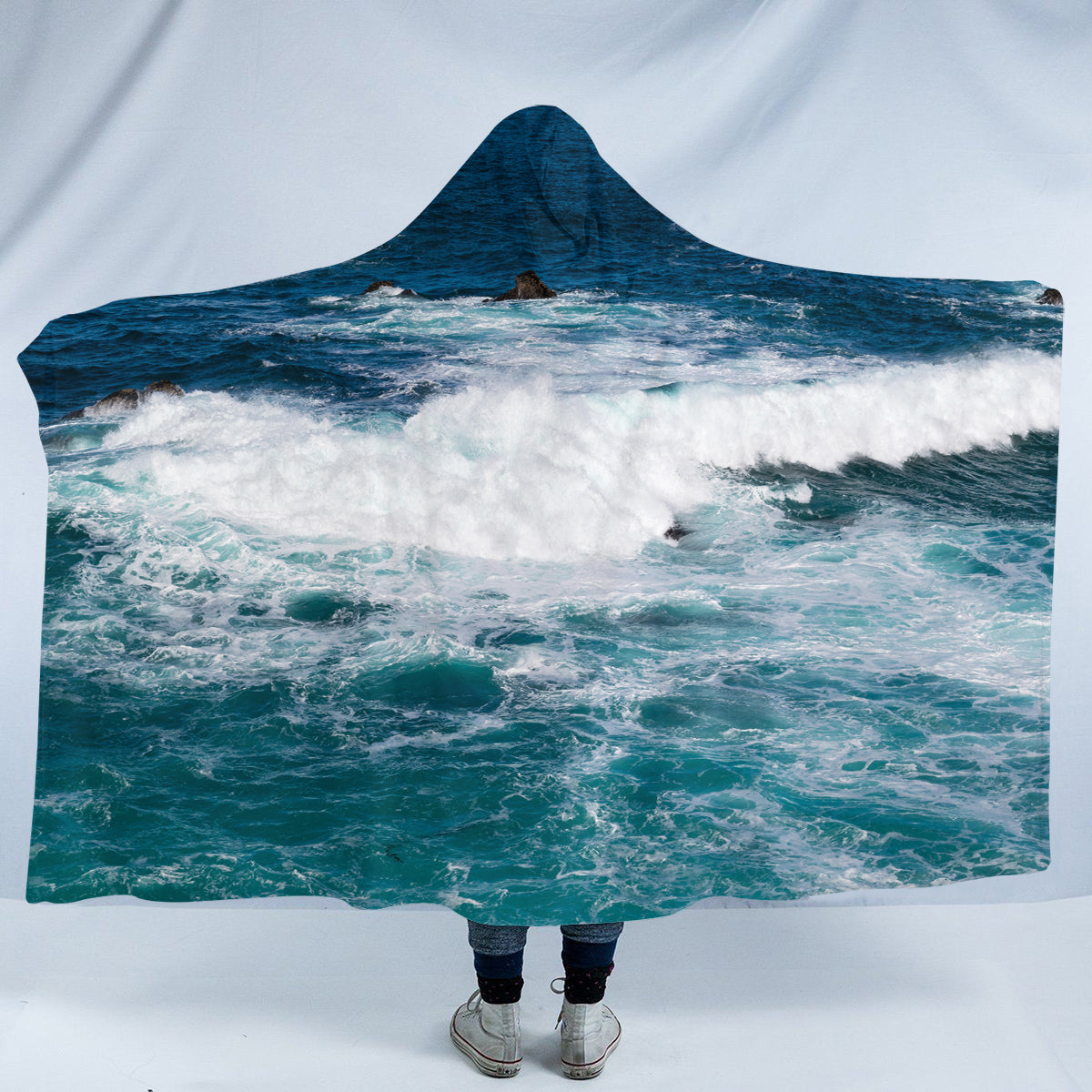 Cozy Ocean Blue Hooded Blanket for Adults - Soft Fleece Wearable Blanket with Pockets - Perfect for Camping, Movie Nights & Outdoor Adventures