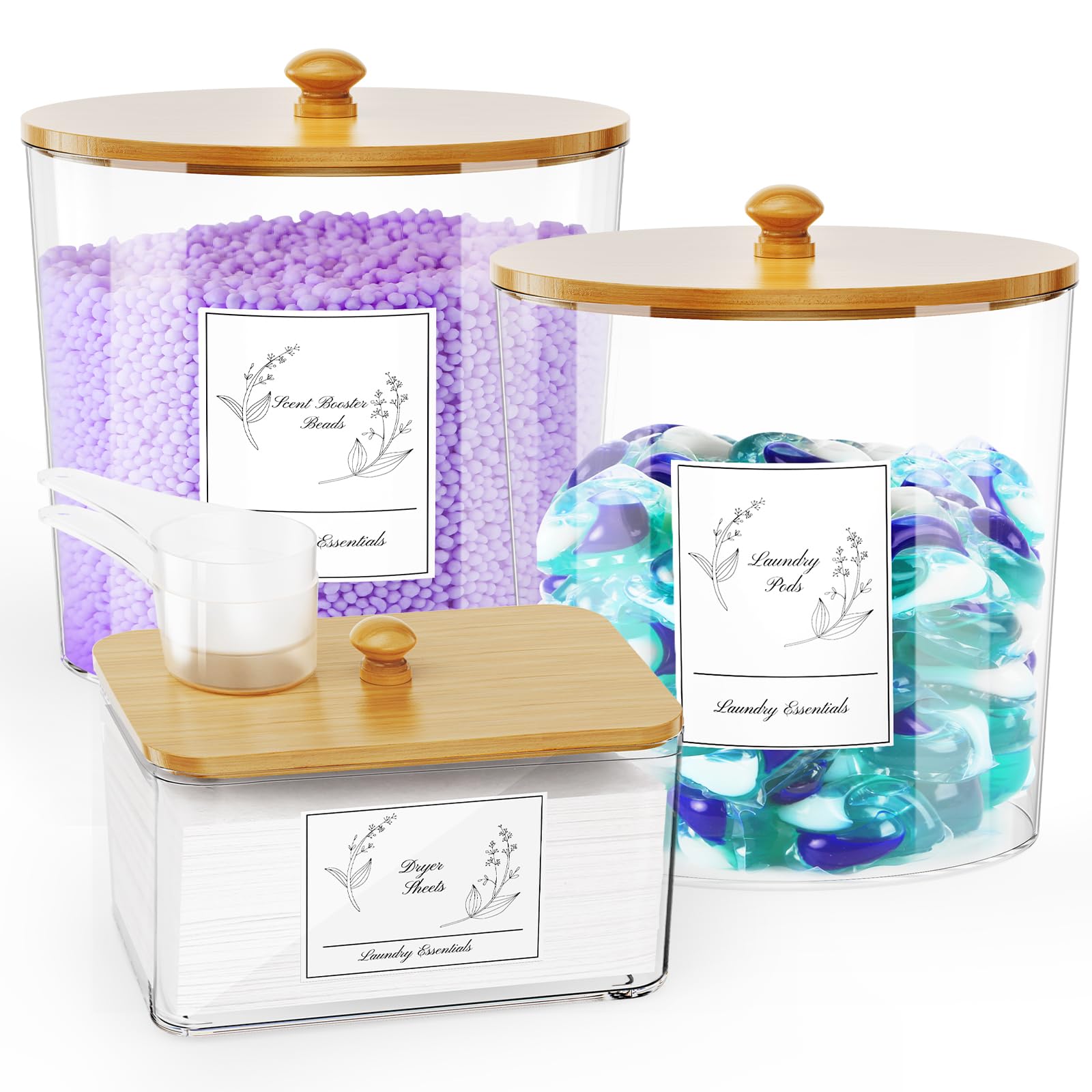 3 Pack Laundry Detergent Storage Containers with Lids - Plastic Laundry Room Organization Jars for Powder, Dryer Sheets & Scent Boosters - Includes Labels & Scoops - Perfect for Organized Laundry Room & Closet Storage