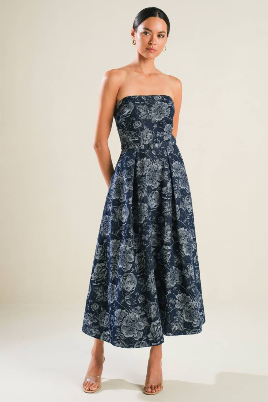 Evolving Reflections Jacquard Denim Midi Dress - Stylish Women's Casual & Party Wear for Day or Night Out
