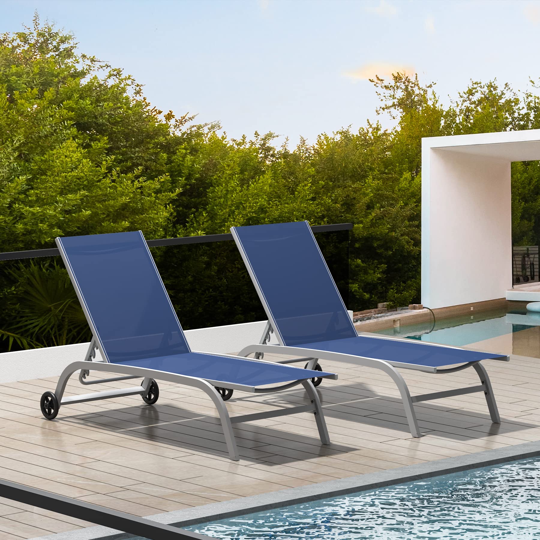Domi Outdoor Chaise Lounge Set of 2 - Adjustable Poolside Lounge Chairs with Wheels & 5-Position Recline - Perfect for Patio, Beach, Yard, Deck & Backyard Relaxation | Blue Weather-Resistant Furniture for Sunbathing & Outdoor Lounging