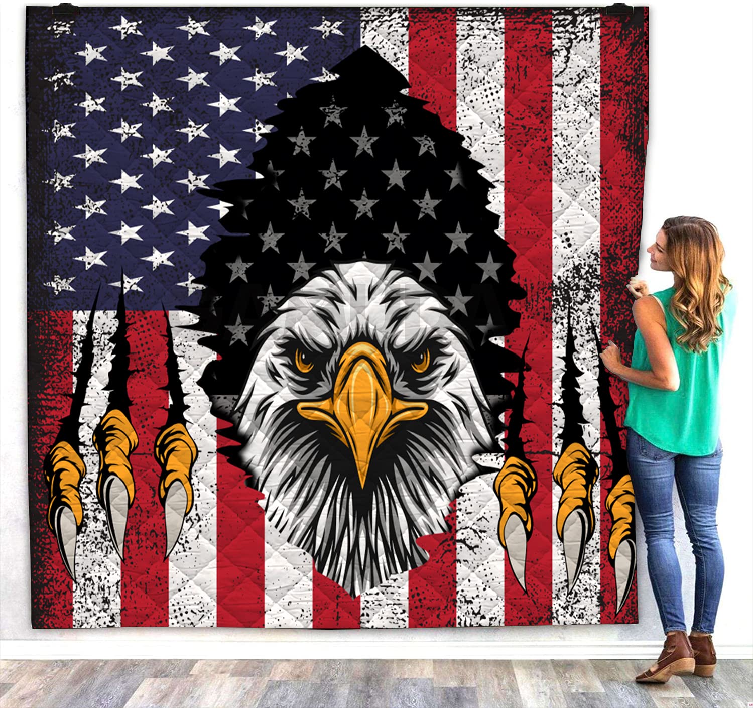 Patriotic American Flag Eagle Quilt Bedding Set - Custom Queen & King Size Quilts - Luxury King & Queen Bedding Sets TNGG4643 - Perfect for Home Decor, Bedroom Upgrade, and Patriotic Themed Rooms