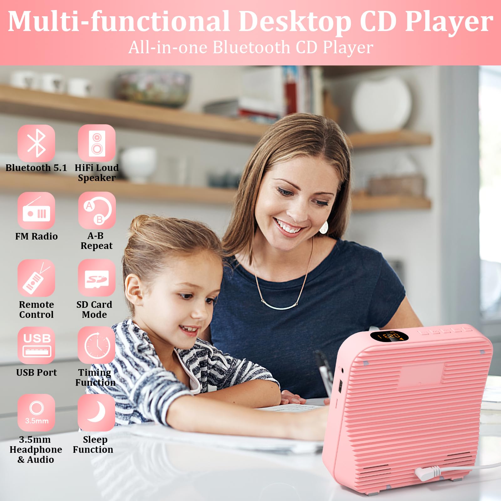 KOVCDVI Bluetooth 5.1 Desktop CD Player with 5W Dual Built-in Speakers, Remote Control, FM Radio, USB/SD/AUX Play - Pink | Perfect for Home Office, Bedroom & Living Room Entertainment