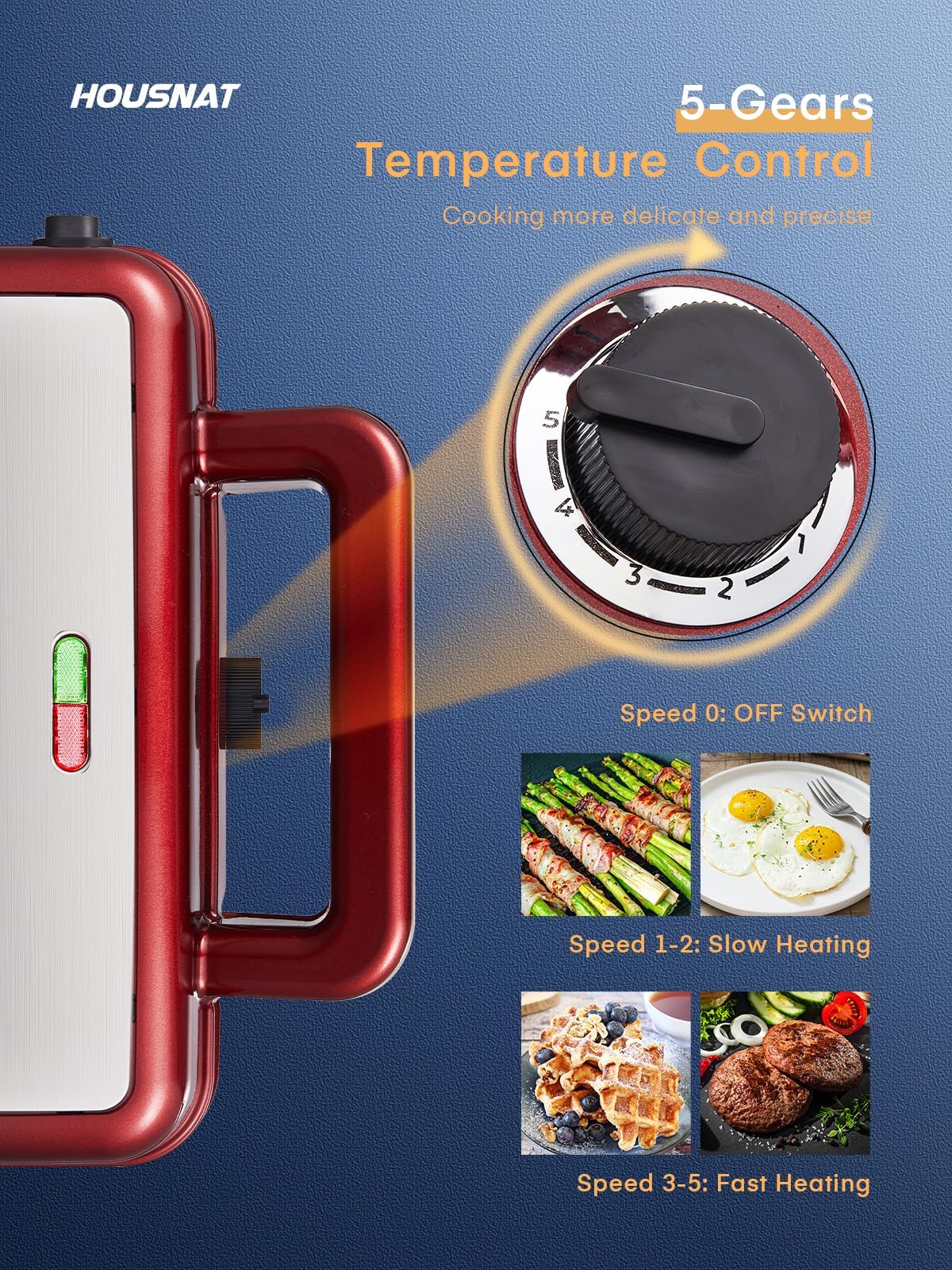 HOUSNAT 3-in-1 Sandwich Maker & Waffle Iron - 1200W Panini Press with Removable Non-Stick Plates, 5-Level Temperature Control & Indicator Lights (Red) - Perfect for Breakfast, Snacks & Family Gatherings