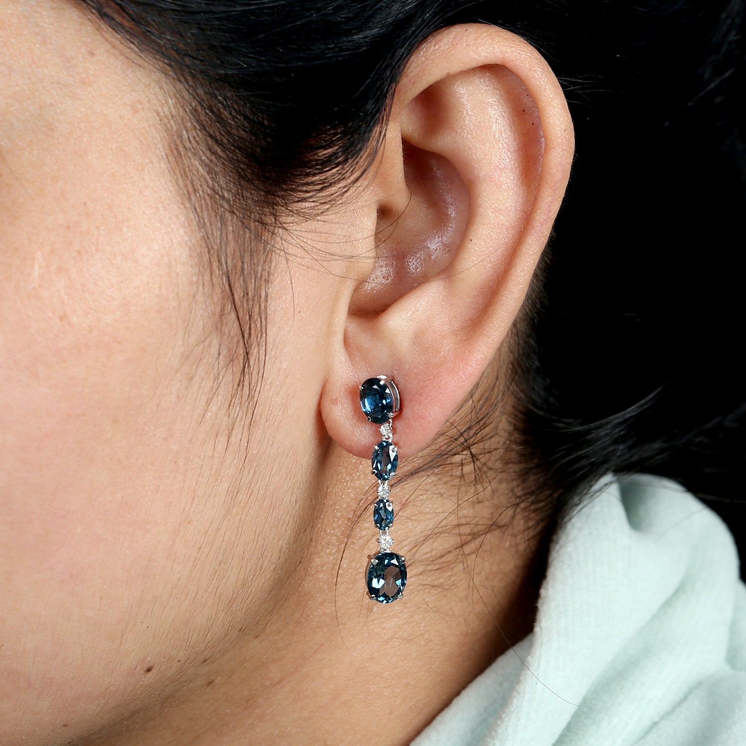 14K White Gold Oval Cut London Blue Topaz Prong Diamond Dangle Earrings for Women - Elegant Designer Jewelry for Parties, Weddings & Special Occasions