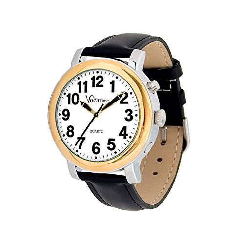 VocaTime Men's BI-COLOR Talking Watch with Black Leather Band - Voice Announcement Digital Watch for Visually Impaired & Elderly - Perfect for Daily Use, Work, and Outdoor Activities