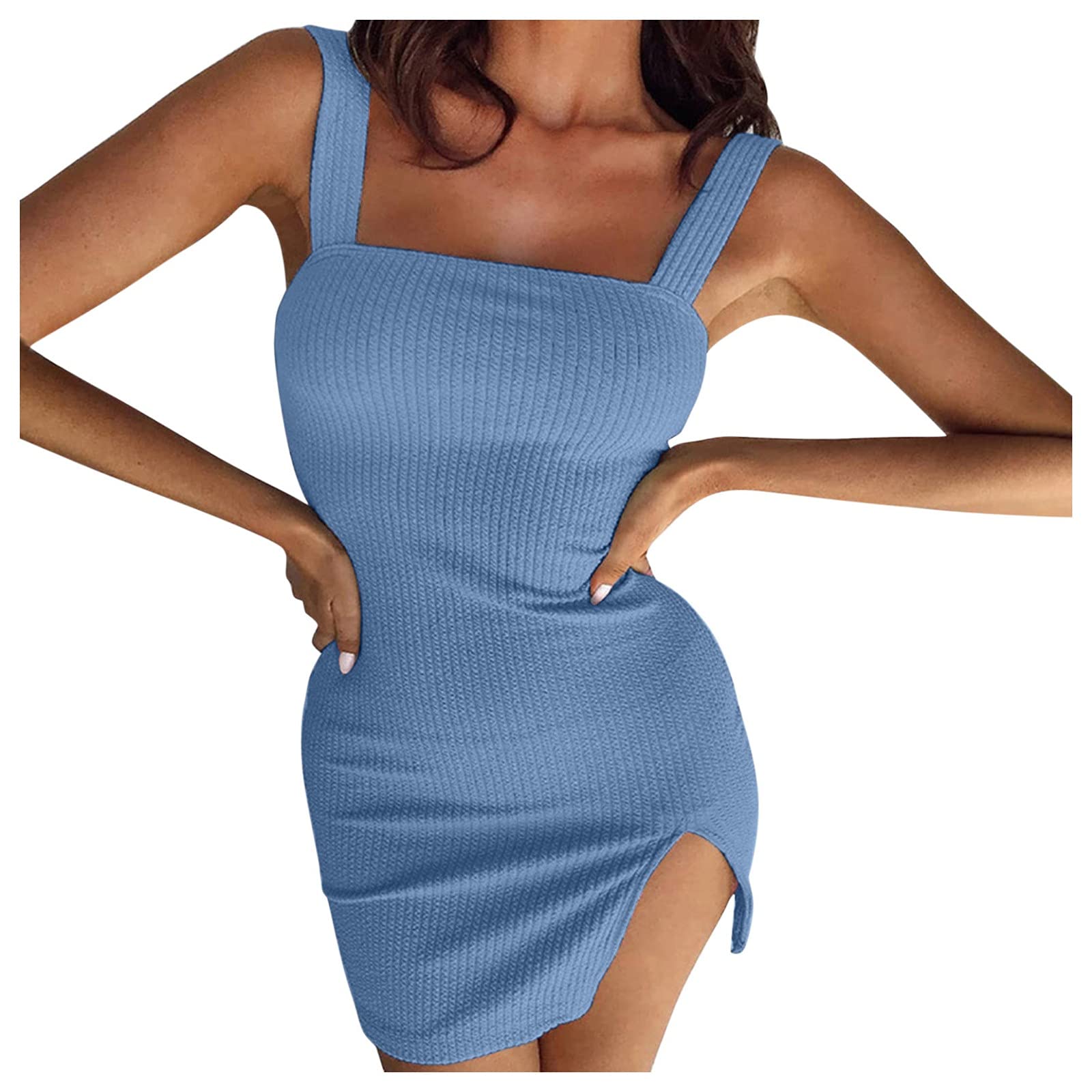 Slim Collar Dress Camisole - Solid Color Women's Straight Casual Dress (Blue, Size S) - Perfect for Office Wear, Date Night & Summer Outfits