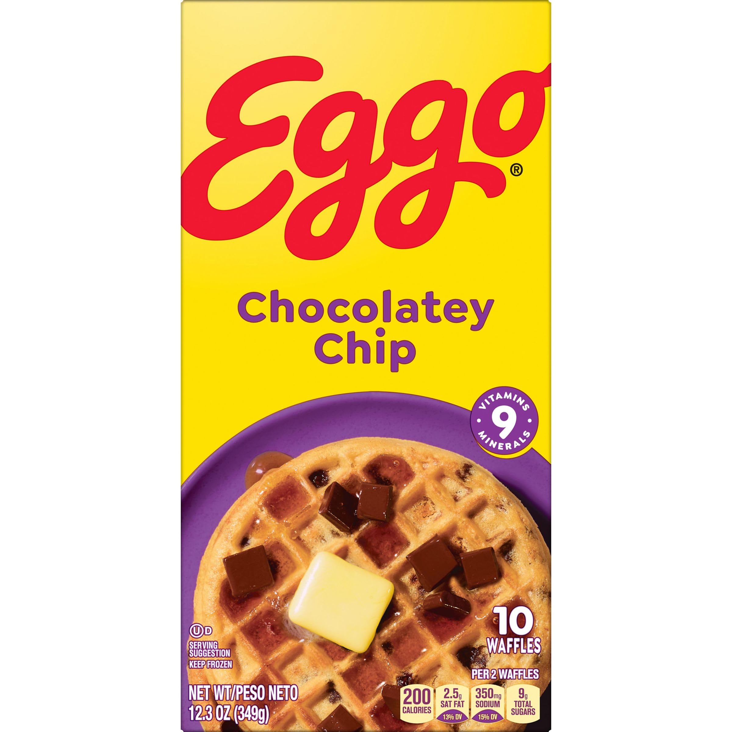 Eggo Frozen Waffles Chocolate Chip - 10 Count (12.3oz) | Quick Breakfast Food for Kids & Adults | Perfect for Busy Mornings, School Lunches & On-the-Go Snacks