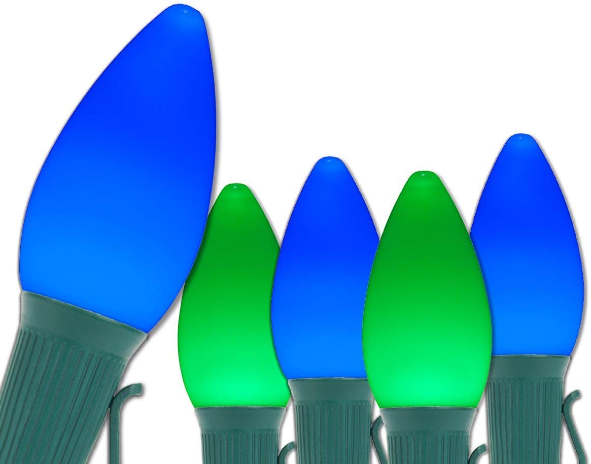 Opticore LED C7 Christmas Lights - Vintage Style Smooth & Opaque Bulbs, Heavy Duty Commercial String Lights with Green Wire (100 Lights, 100ft, Blue/Green) - Perfect for Holiday Decorations, Indoor/Outdoor Christmas Tree & Home Lighting