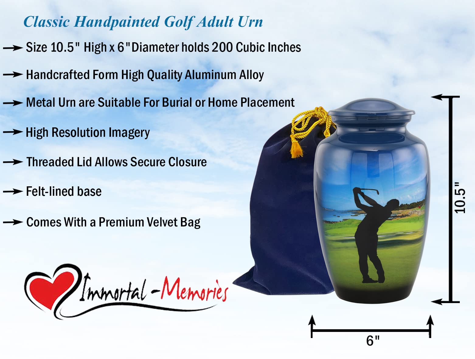 Golf Cremation Urn for Ashes - Hand Painted Classic Golfer Memorial Urn with Velvet Bag (Large) - Perfect for Honoring Golf Lovers & Displaying at Home or Memorial Services