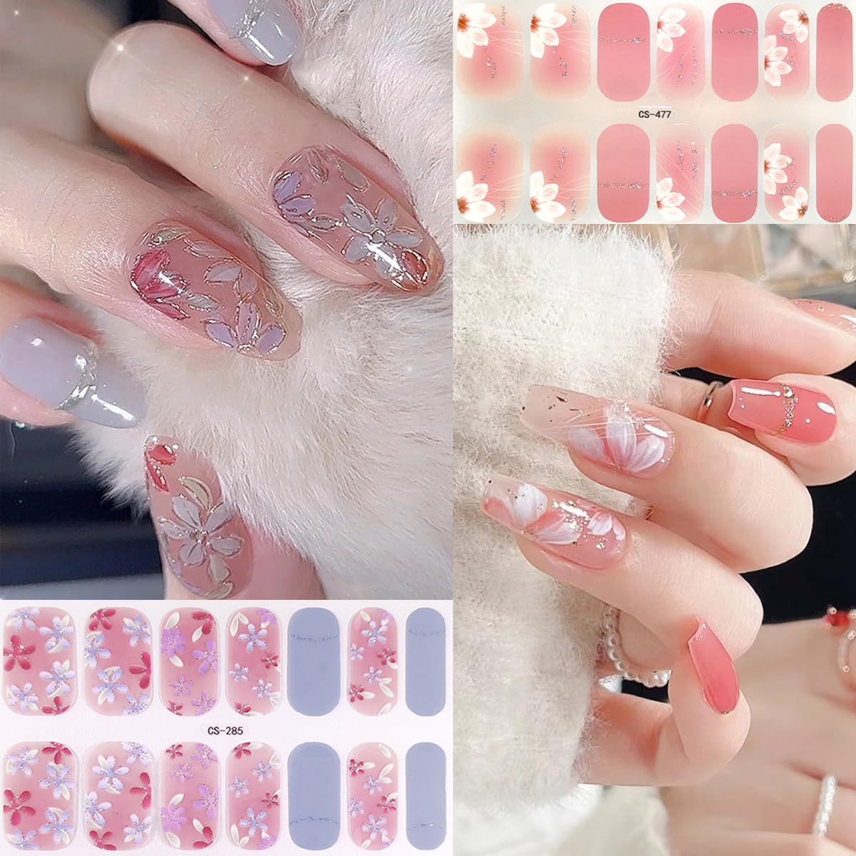 6 Sheets Spring Gel Nail Strips - Cherry Blossom Floral Design Self-Adhesive Nail Polish Wraps for Women & Girls | Long Lasting Summer Nail Art Supplies | Perfect for Parties, Weddings & Daily Manicures