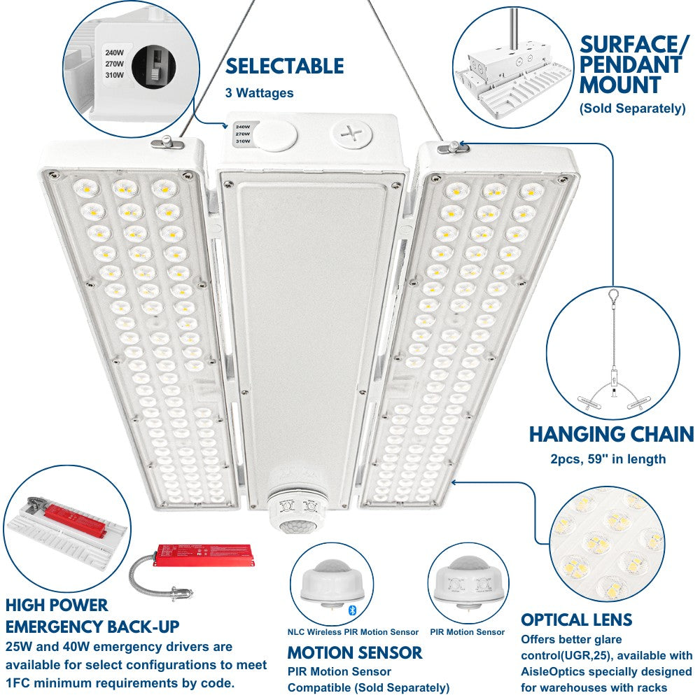 PAVO IV LED High Bay Light 310W 270W 240W - 5000K 4000K Daylight White - 46,000 Lumens - 120-277V - 1000W Metal Halide Replacement - Warehouse, Gym, Factory Lighting Solution