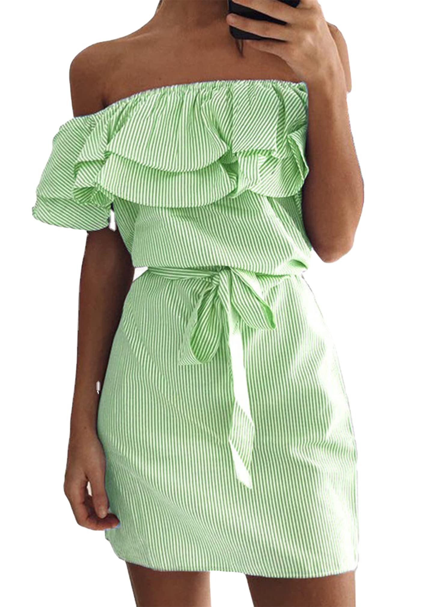 OMZIN Women's Boho Ruffles T-Shirt Dress - Casual Loose Flowy Mini Dress with Striped Lace-up Design for Summer Beach, Music Festival & Vacation Outfits