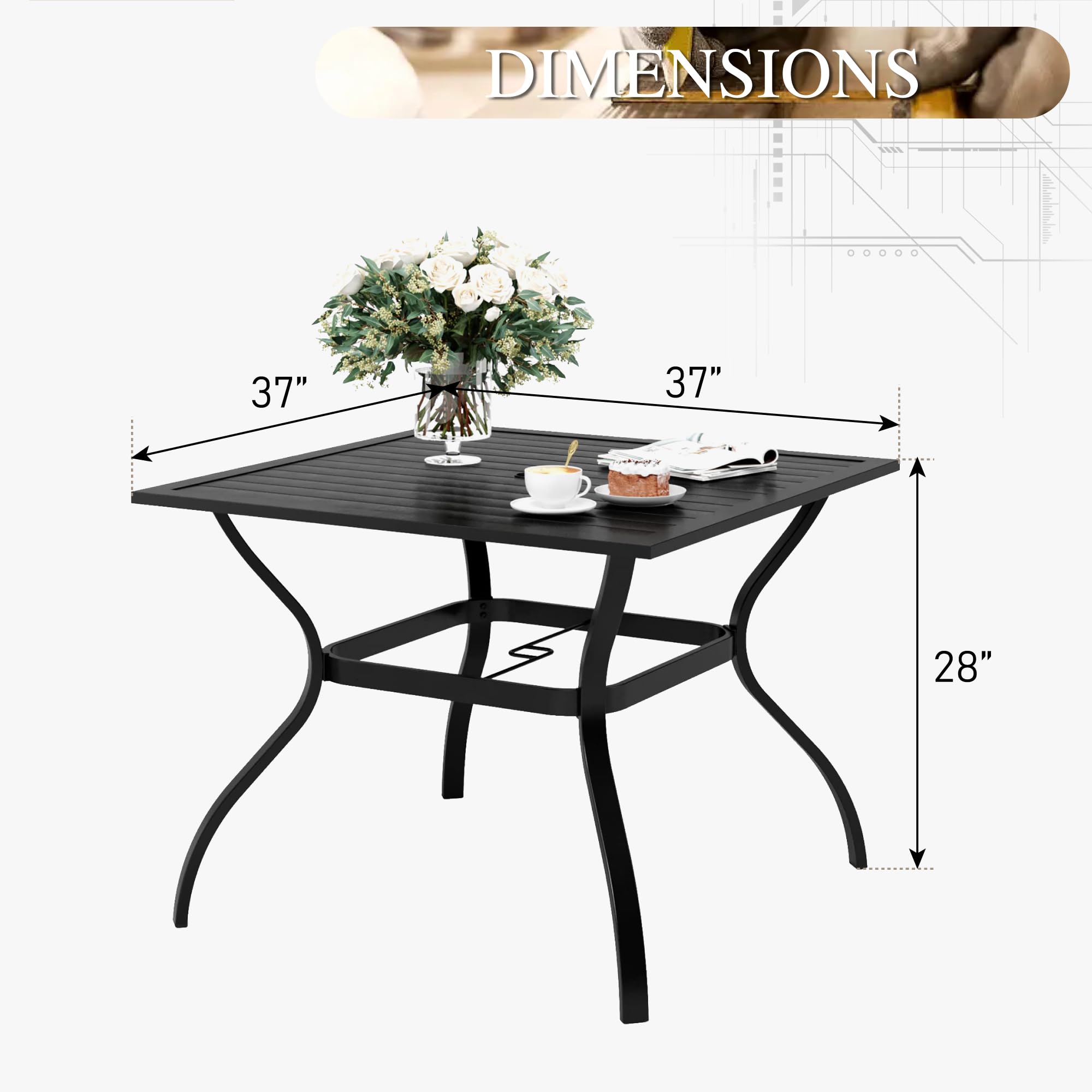 PHI VILLA 37 Inch Square Outdoor Dining Table for 4 - Weather-Resistant Metal Patio Table with E-Coating, Steel Slatted Design & 1.57