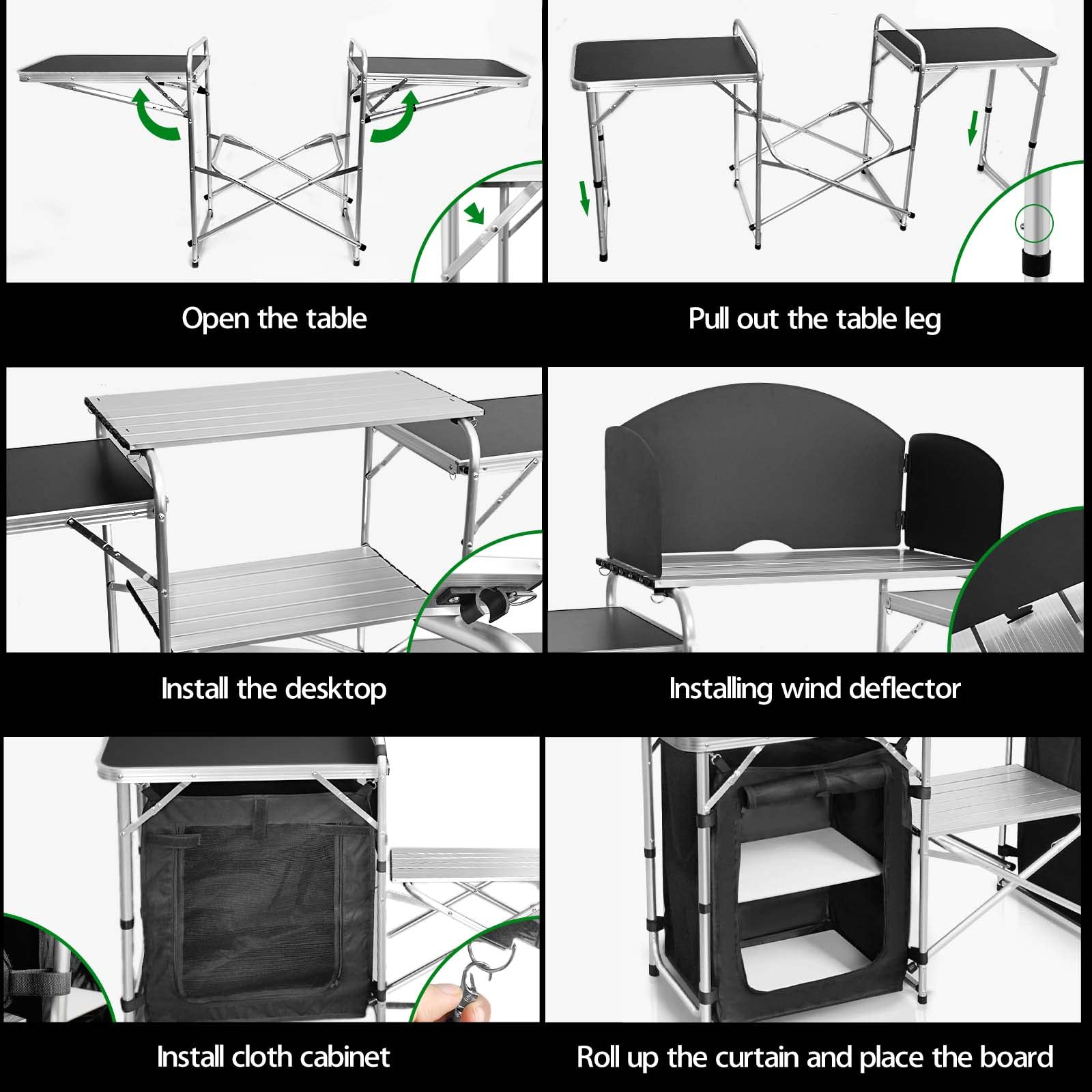 CampLand Portable Folding Camping Kitchen Table - Aluminum Outdoor Cook Station with Storage Organizer, Windscreen & Hooks - Perfect for BBQ, Picnics, Tailgating & Backyard Parties (Black)