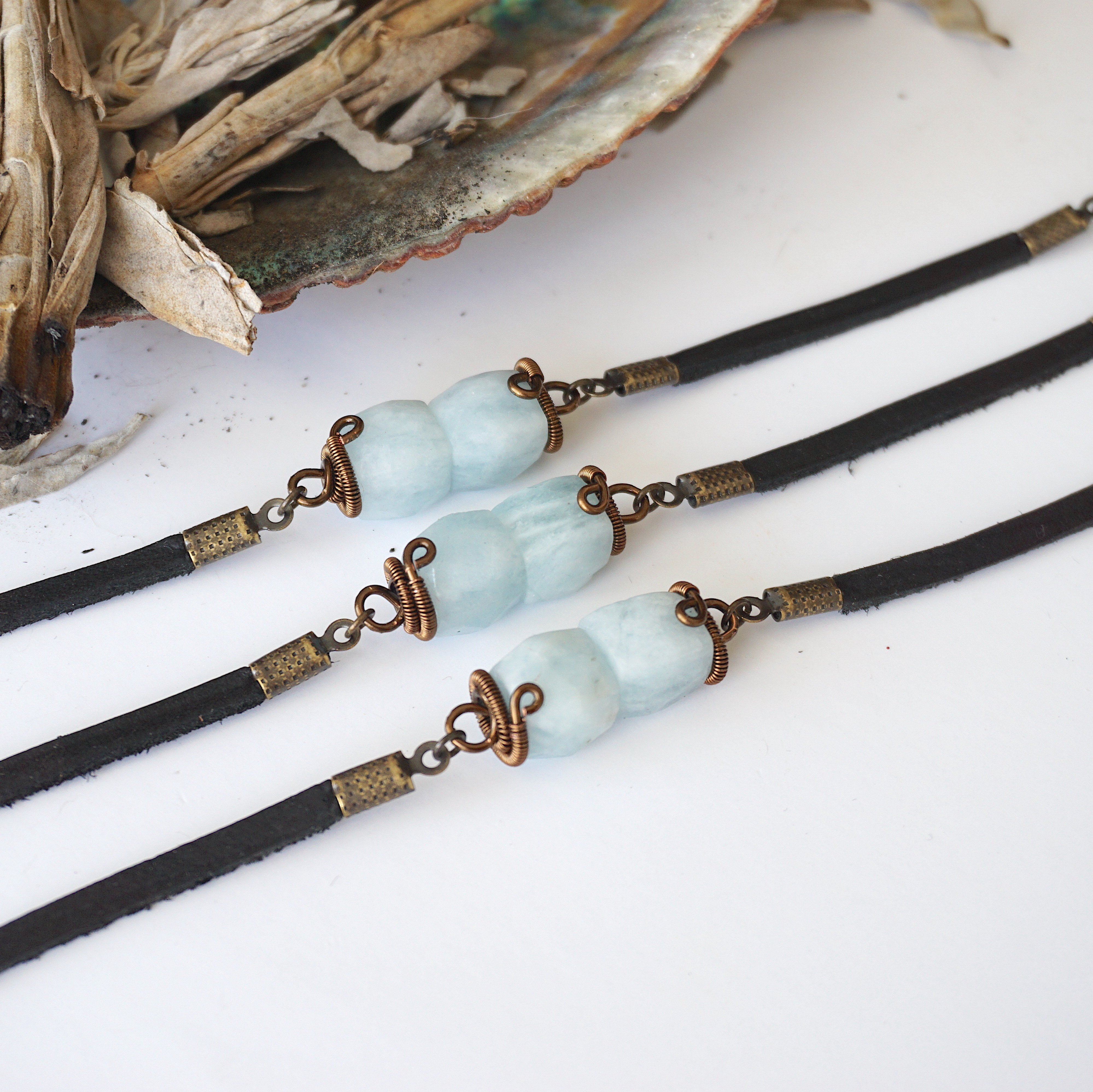 Elegant Aquamarine Bracelet with Black Leather Cord - Perfect for Casual Wear, Gifts & Boho Style Jewelry