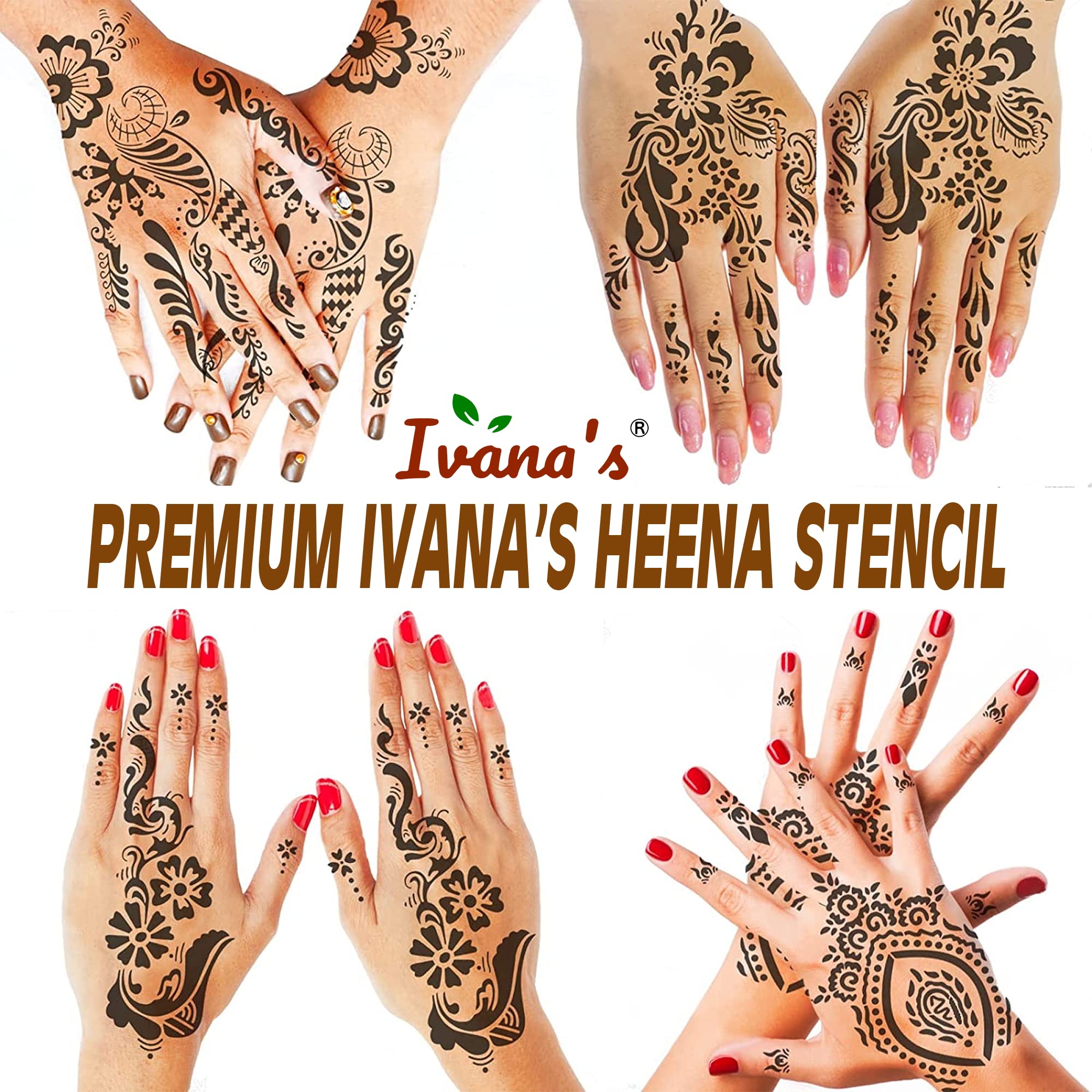 8-Piece Henna Tattoo Stencil Kit (2 Henna Stencils + 6 Reusable PVC Laser-Cut Templates) - Easy DIY Mehndi Designs for Hands - Perfect for Women, Girls & Kids - IVH-39 - Great for Weddings, Festivals & Special Occasions