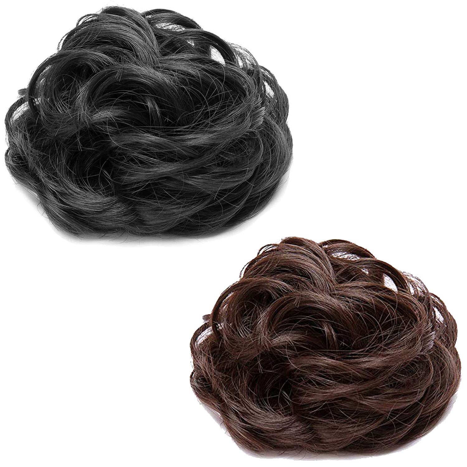 ASG 2-Piece Women's Messy Wavy Hair Bun Extension - Elastic Hair Tie & Wig Ring Accessory (Black & Brown) | Perfect for Updos, Cosplay & Daily Styling