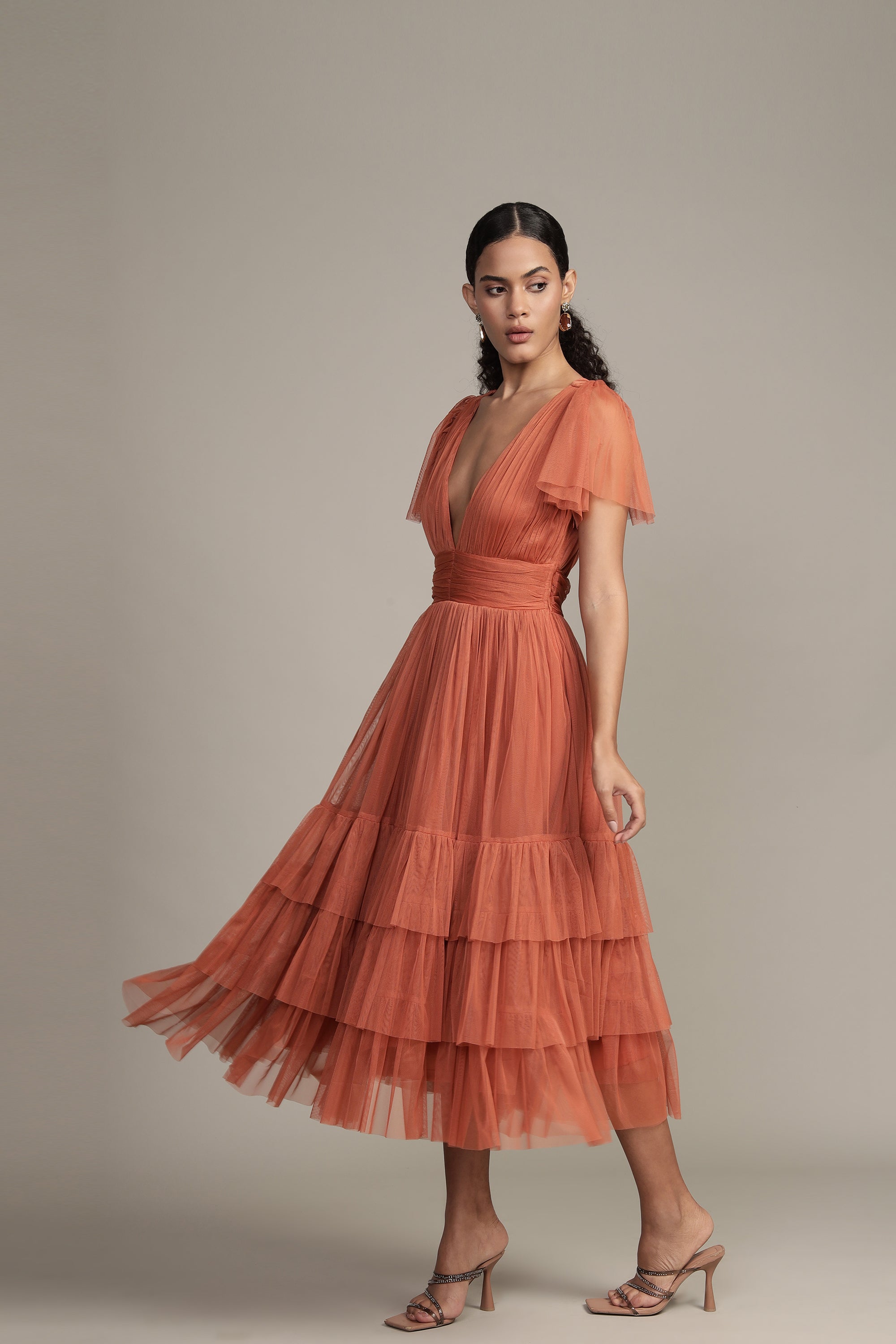 Madison Terracotta Pink Tulle Bridesmaid Midi Dress - Elegant Wedding Party Gown for Bridesmaids, Formal Events & Special Occasions