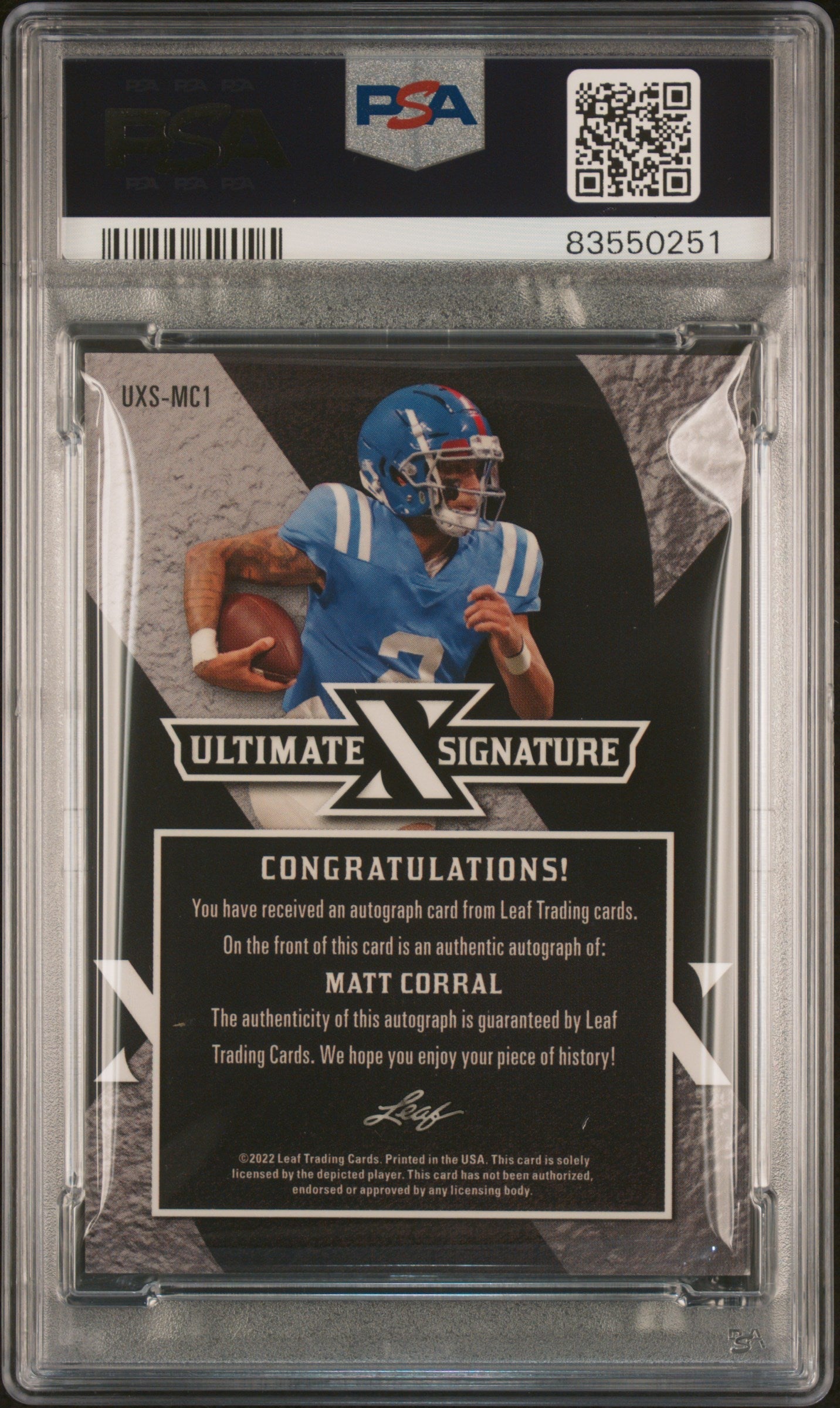2022 Leaf Ultimate Draft Ultimate X Signatures Matt Corral PSA 8 51/99 #UXS MC1 - Rare Football Trading Card for Collectors & Investors, Perfect for Display Cases & Memorabilia Collections