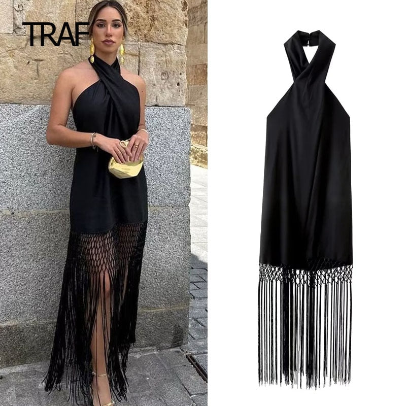 Women's Halter Fringing Dress - Summer Linen Backless Sexy Black Slip Dress - Luxury Elegant Designer Party Dress for Night Out, Club, Date & Special Occasions