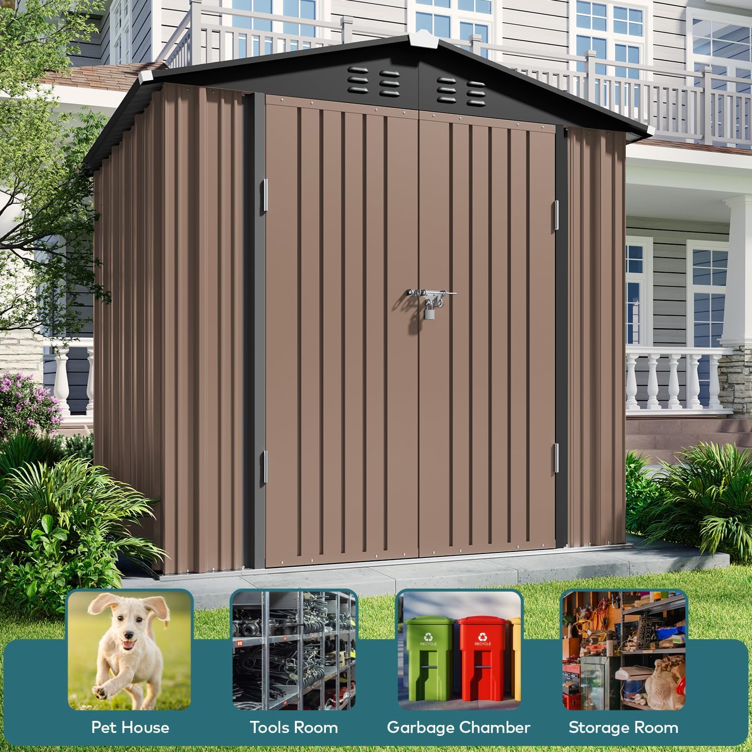 Gizoon 6x4 FT Galvanized Metal Outdoor Storage Shed - Double Lockable Doors, Weather-Resistant Garden Shed for Backyard, Patio & Lawn (Light Brown) - Perfect for Storing Tools, Equipment & Seasonal Items