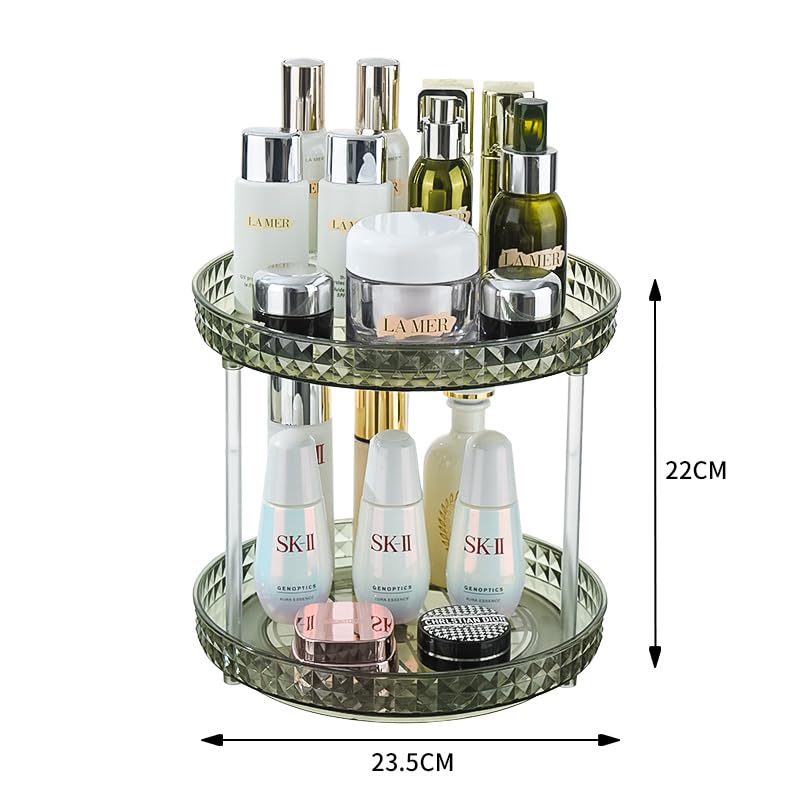 360° Rotating 2-Tier Makeup Organizer for Vanity & Bathroom Countertop - High-Capacity Cosmetic & Skincare Storage with Spinning Perfume Holder - Perfect for Daily Beauty Routine & Small Space Organization (Green)