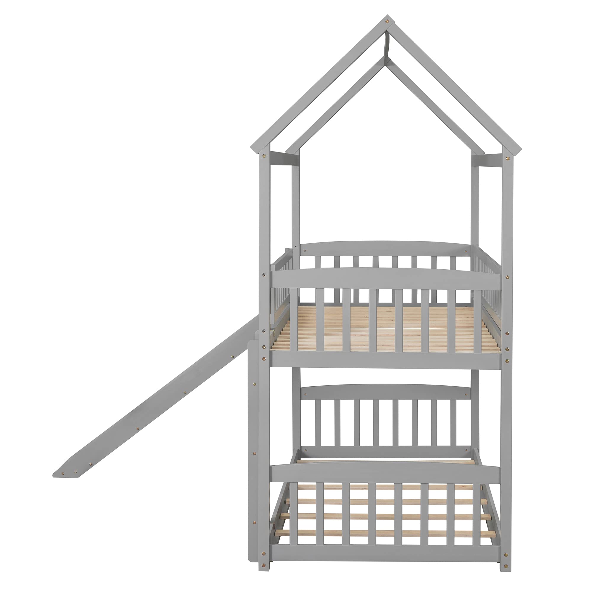 Kids Wooden Twin Over Twin Bunk Bed with Slide - Grey Space-Saving Loft Bed for Boys & Girls - Perfect for Small Bedrooms, Playrooms & Shared Kids' Rooms